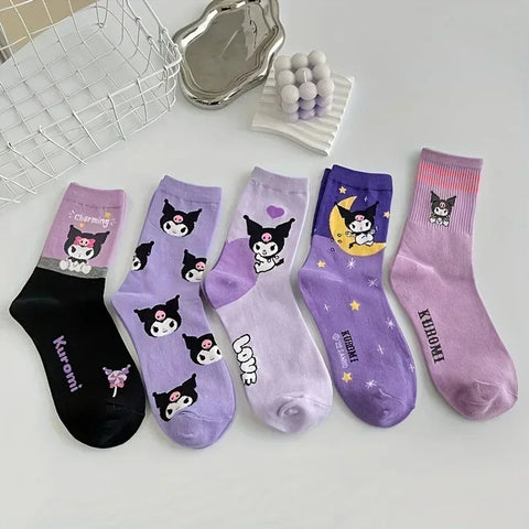 5pairs Cute Sanrio Kuromi Cartoon Mid-Calf Socks for Women - Breathable & Comfortable Cotton Blend Harajuku Girls Socks gogodiggity