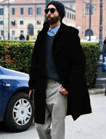 Retro Horn Button Hooded Woolen Trench Coat Men gogodiggity
