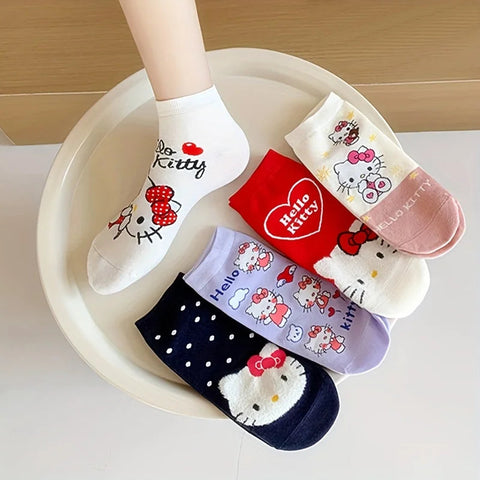 5 Pairs Sanrio Hello Kitty Women Socks  Kawaii New Fall Cartoon Children Mid-calf Socks Combed Cotton Sock for Girls gogodiggity