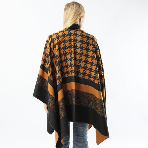 Women's Split Houndstooth Cape And Shawl Fashionable Simple Retro Cloak All-matching gogodiggity