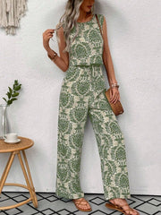 Printed Waist Cinching Casual Straight Leg Pants Set gogodiggity