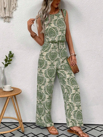 Printed Waist Cinching Casual Straight Leg Pants Set gogodiggity