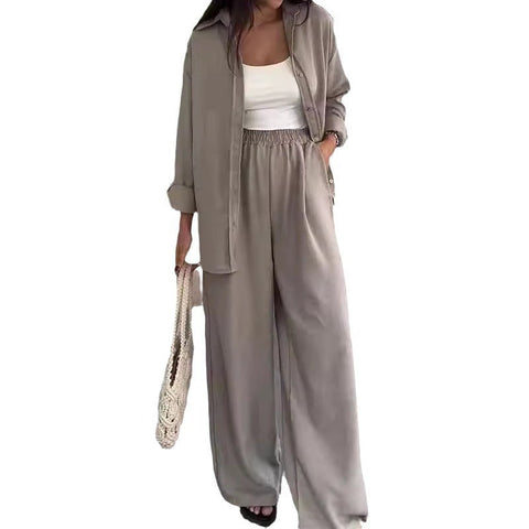 Fashion Solid Color Loose Top Casual Wide Leg Pants Two-piece Set gogodiggity
