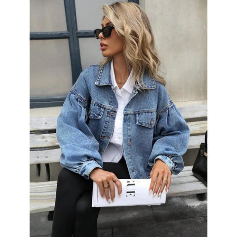 Women's Embossed Denim Jacket Fashion Casual Long Sleeve gogodiggity