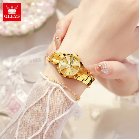 OLEVS Ladies Watch 8697 Luxury Elegant Quartz Watches Waterproof Tungsten Steel Day Date Watches For Woman Watch Bracelet Set gogodiggity
