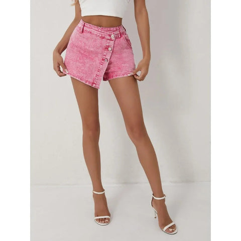 Women's Denim Shorts Casual Fashion Style High Waisted Pants with Asymmetrical Buttons 2025 New Pink Jeans gogodiggity