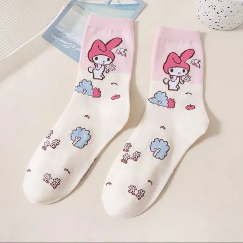 Cartoon Sanrio Hello Kitty Women's Socks My Melody Cute Girl Mid-tube Cotton Socks Kawaii Student Sock Girl Kids Christmas Gift gogodiggity