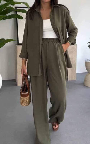 Fashion Solid Color Loose Top Casual Wide Leg Pants Two-piece Set gogodiggity
