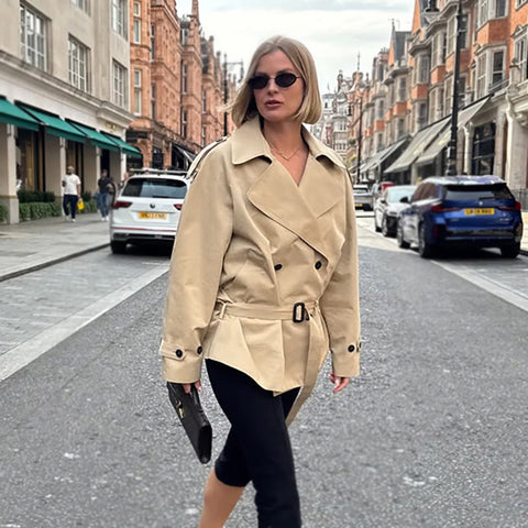 Women's Long-sleeved Lapel Lace-up Waist-controlled Mid-length Trench Coat gogodiggity