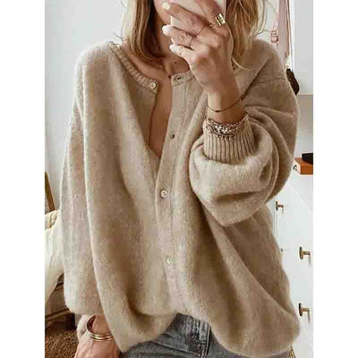 Trendy Women's Long Sleeve Knit Cardigan Sweater With Lantern Sleeves - Plus Size Casual Blouse gogodiggity