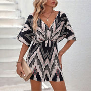 Women's Printed V-neck One-piece Sleeve Loose Jumpsuit gogodiggity