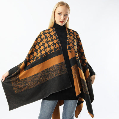Women's Split Houndstooth Cape And Shawl Fashionable Simple Retro Cloak All-matching gogodiggity
