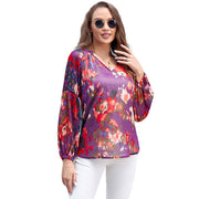 Women's Floral Chiffon Shirt Loose V-neck Casual Top gogodiggity