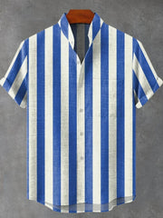 Men's Stand Collar Contrast Color Striped Casual Cool Versatile Short Sleeve gogodiggity