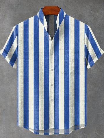 Men's Stand Collar Contrast Color Striped Casual Cool Versatile Short Sleeve gogodiggity