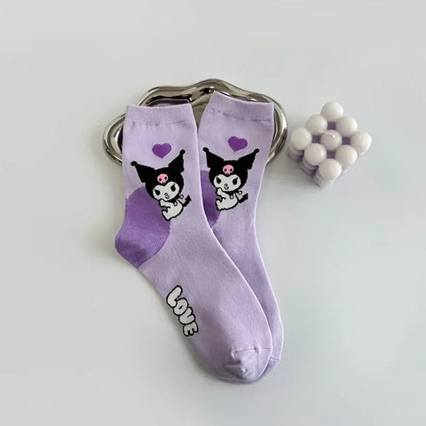 5pairs Cute Sanrio Kuromi Cartoon Mid-Calf Socks for Women - Breathable & Comfortable Cotton Blend Harajuku Girls Socks gogodiggity