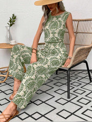 Printed Waist Cinching Casual Straight Leg Pants Set gogodiggity