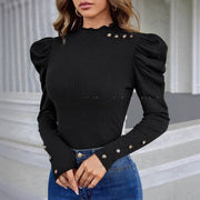 Bubble Sleeve Slim Leopard Buckle Personality Ruffled Top gogodiggity