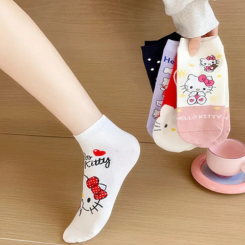 5 Pairs Sanrio Hello Kitty Women Socks  Kawaii New Fall Cartoon Children Mid-calf Socks Combed Cotton Sock for Girls gogodiggity
