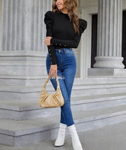 Bubble Sleeve Slim Leopard Buckle Personality Ruffled Top gogodiggity