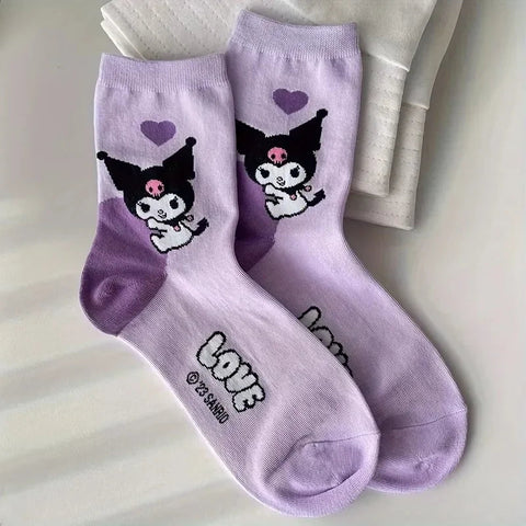 6 Pairs Sanrio Hello Kitty Kids Socks Kuromi Melody Kawaii Winter Cartoon Women Mid-calf Socks Cotton Warm Stockings for Girls gogodiggity