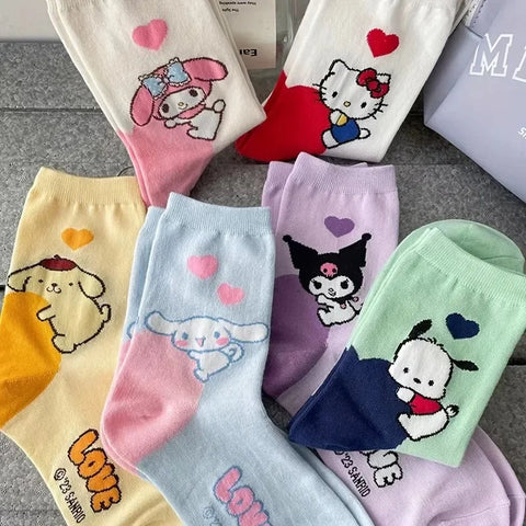6 Pairs Sanrio Hello Kitty Kids Socks Kuromi Melody Kawaii Winter Cartoon Women Mid-calf Socks Cotton Warm Stockings for Girls gogodiggity