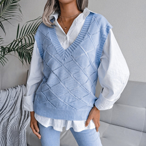 Women's V-neck Hollow Rhombus Casual Knitted Sweater Vest gogodiggity
