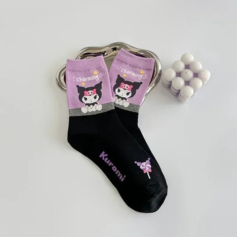 5pairs Cute Sanrio Kuromi Cartoon Mid-Calf Socks for Women - Breathable & Comfortable Cotton Blend Harajuku Girls Socks gogodiggity
