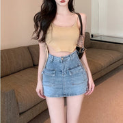 Retro Style Hot Girl Sheath Denim Skirt High Waist Elastic Slim Fit gogodiggity