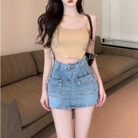 Retro Style Hot Girl Sheath Denim Skirt High Waist Elastic Slim Fit gogodiggity