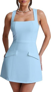 Women's Sexy Skinny Sleeveless Square Collar Mini Dress gogodiggity