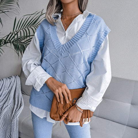 Women's V-neck Hollow Rhombus Casual Knitted Sweater Vest gogodiggity