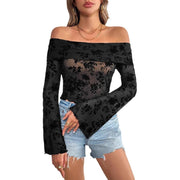 European And American Mesh Flocking Floral Print Off-the-shoulder Flared Sleeves Slim T-shirt gogodiggity