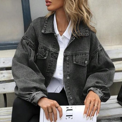 Women's Embossed Denim Jacket Fashion Casual Long Sleeve gogodiggity