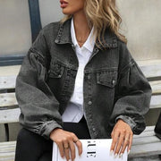 Women's Embossed Denim Jacket Fashion Casual Long Sleeve gogodiggity