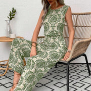 Printed Waist Cinching Casual Straight Leg Pants Set gogodiggity