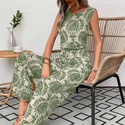 Printed Waist Cinching Casual Straight Leg Pants Set gogodiggity