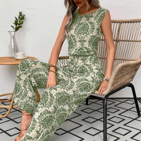 Printed Waist Cinching Casual Straight Leg Pants Set gogodiggity