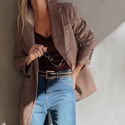 Brown Houndstooth Lapel Collar Blazer gogodiggity