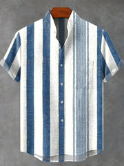 Men's Stand Collar Contrast Color Striped Casual Cool Versatile Short Sleeve gogodiggity