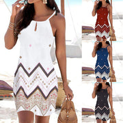 Halter Neck Printed Sleeveless Casual Mini Beach Dress gogodiggity
