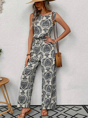 Printed Waist Cinching Casual Straight Leg Pants Set gogodiggity