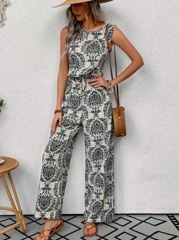 Printed Waist Cinching Casual Straight Leg Pants Set gogodiggity