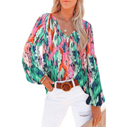 Women's Floral Chiffon Shirt Loose V-neck Casual Top gogodiggity