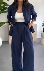 Fashion Solid Color Loose Top Casual Wide Leg Pants Two-piece Set gogodiggity