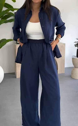 Fashion Solid Color Loose Top Casual Wide Leg Pants Two-piece Set gogodiggity