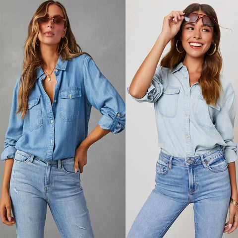 CPSYMYM Women Casual Western Denim Shirt Solid Turn Down Single Breasted Long Sleeve Shirt Oversized Shirts Blusas Para Mujer gogodiggity