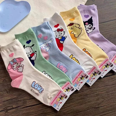 6 Pairs Sanrio Hello Kitty Kids Socks Kuromi Melody Kawaii Winter Cartoon Women Mid-calf Socks Cotton Warm Stockings for Girls gogodiggity