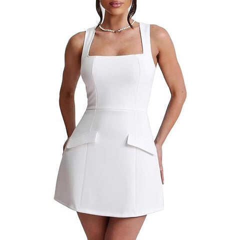 Women's Sexy Skinny Sleeveless Square Collar Mini Dress gogodiggity