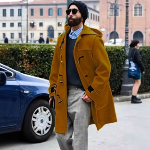 Retro Horn Button Hooded Woolen Trench Coat Men gogodiggity